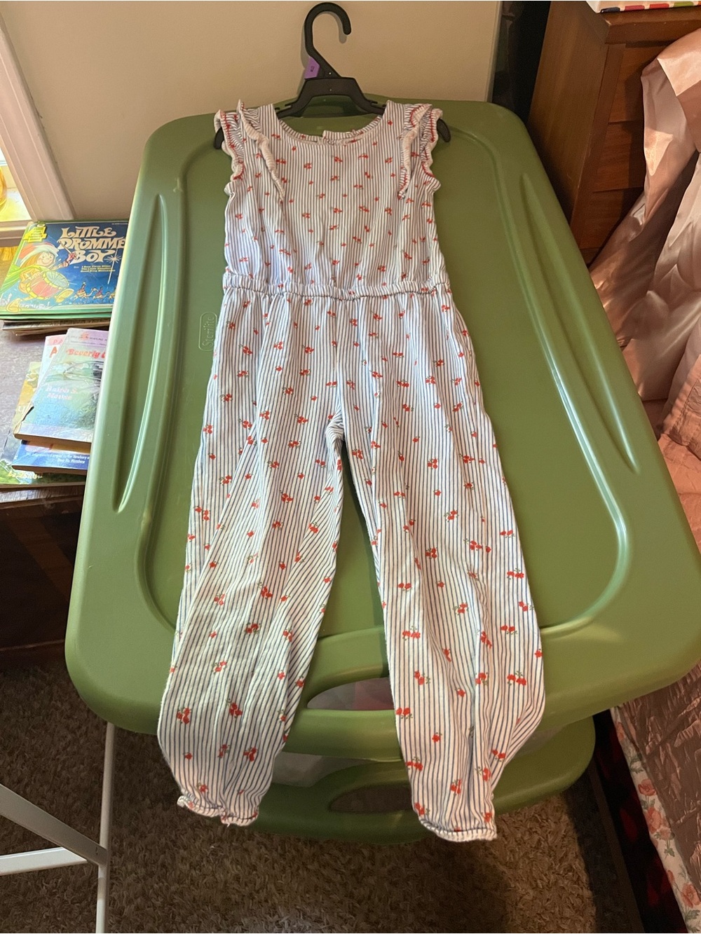 Carter's White & Blue Striped Jumpsuit with Red Floral Print